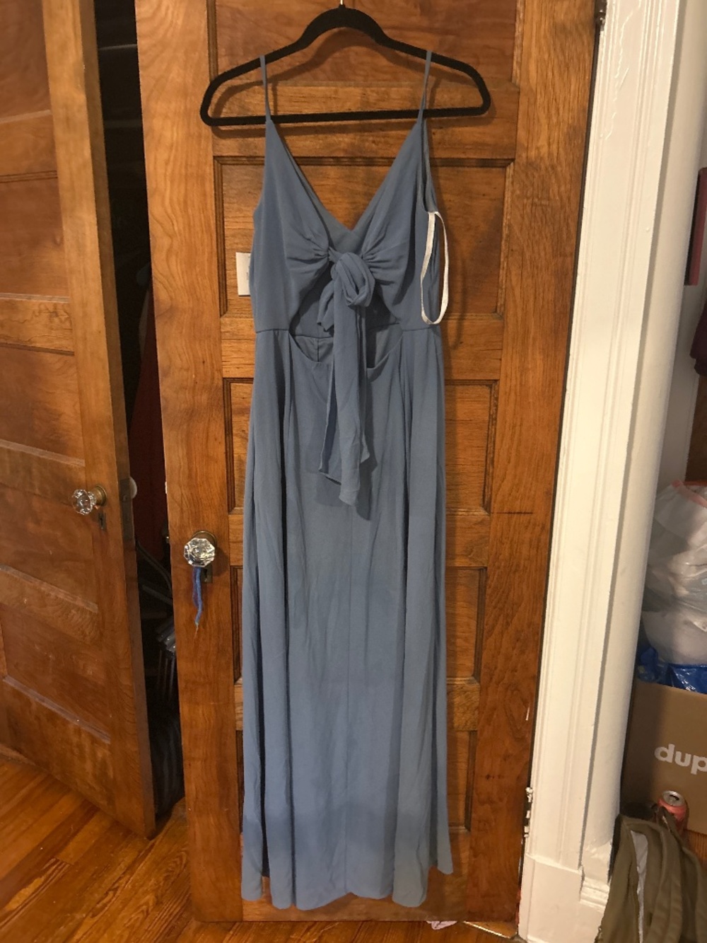 Blue David’s bridal open back bridesmaids dress